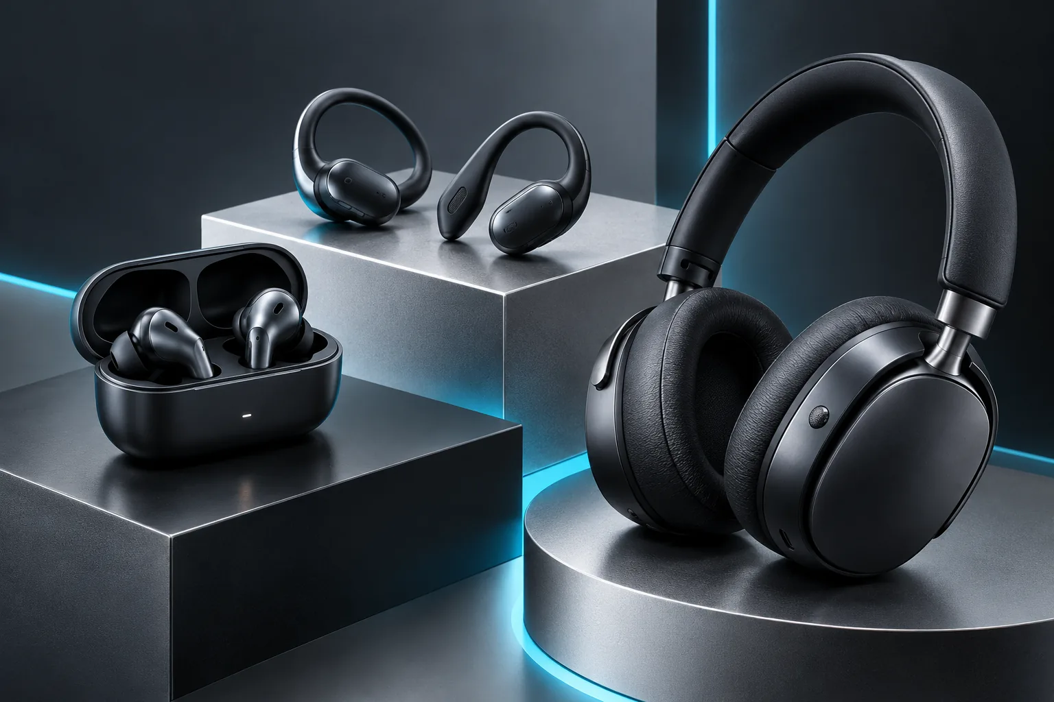 Strip headphones, clusters and stone trays on a beauty sampling table