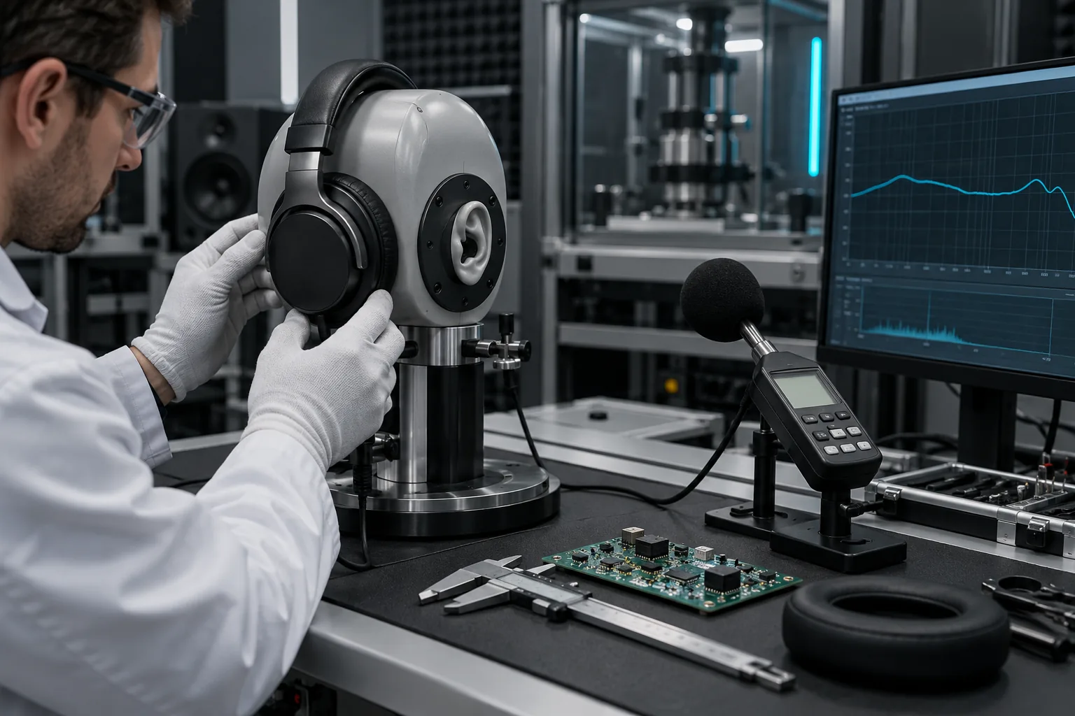 Technician inspecting headphone programses at a quality desk